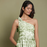 Front View of a Model wearing Olive Green Shibori One-Shoulder Midi Dress