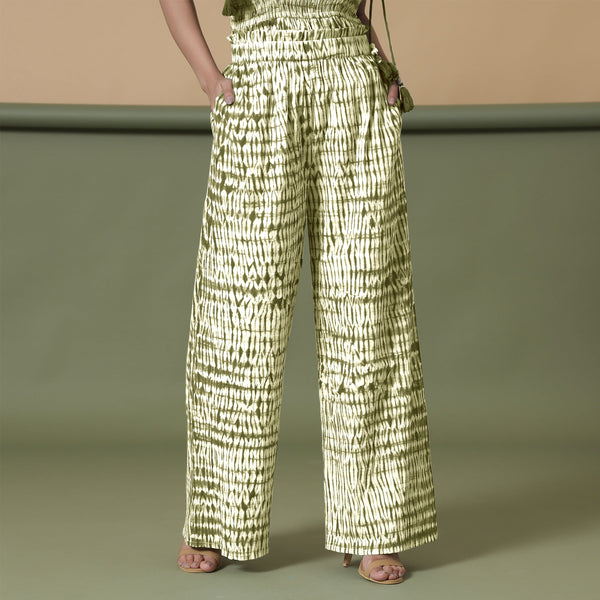 Front View of a Model wearing Olive Green Shibori Paperbag Cotton Pant