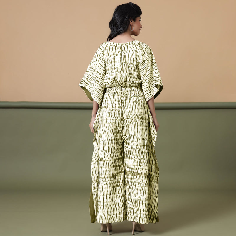 Back View of a Model wearing Olive Green Shibori V-Neck Kaftan Jumpsuit