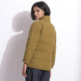 Back View of a Model wearing Olive Green Waffle Quilted Puffer Jacket