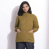 Front View of a Model wearing Olive Green Waffle Quilted Puffer Jacket