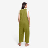 Back View of a Model wearing Olive Green Waist Tie Up Pinafore Jumpsuit
