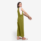 Left View of a Model wearing Olive Green Waist Tie Up Pinafore Jumpsuit