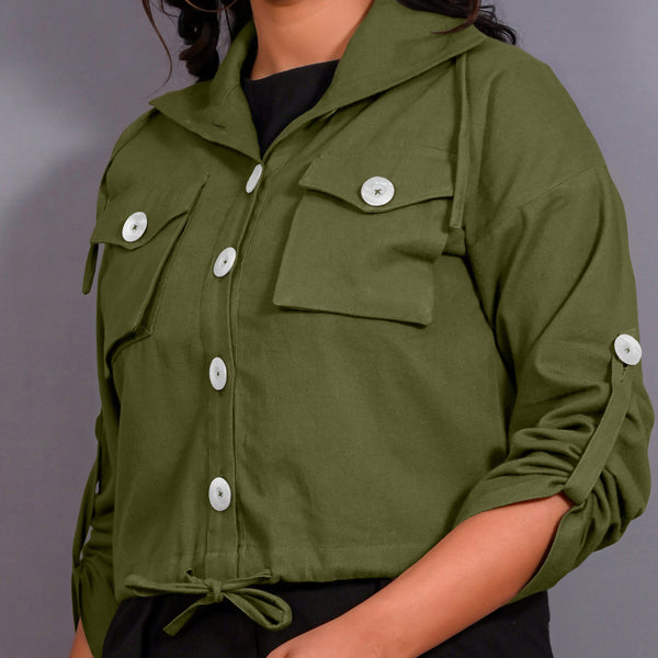Olive Green Warm Cotton Flannel Button-Down Shacket