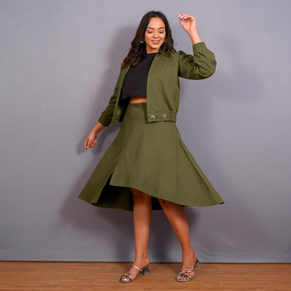 Olive Green Warm Cotton Flannel Double-Breasted Bomber Jacket
