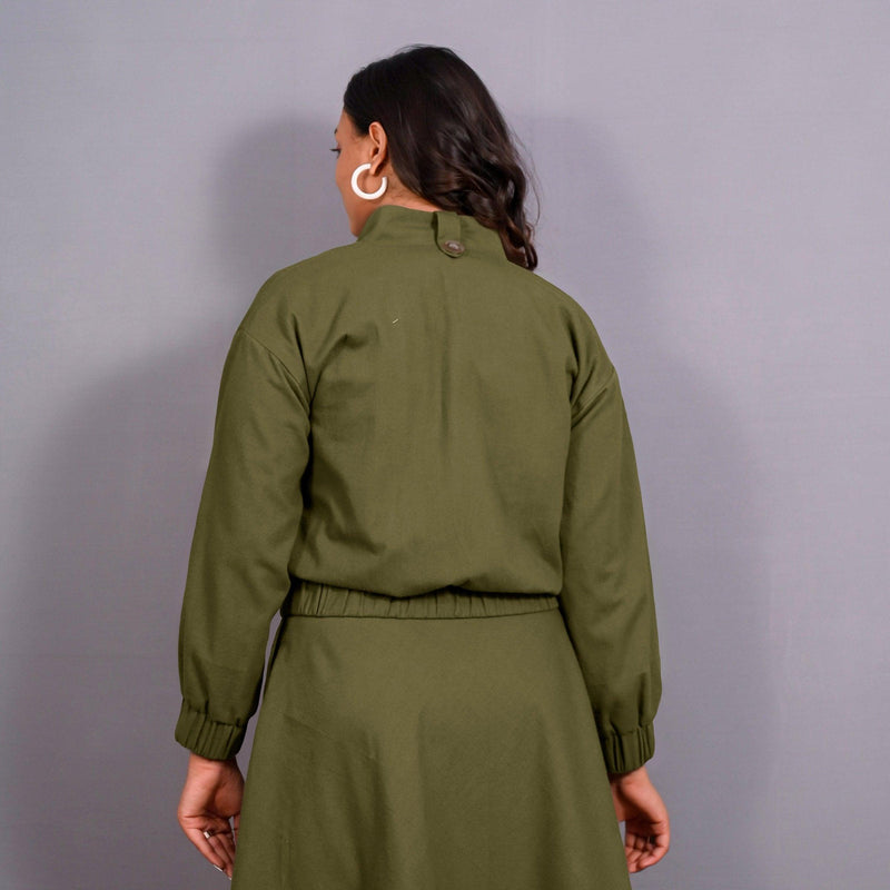 Olive Green Warm Cotton Flannel Double-Breasted Bomber Jacket