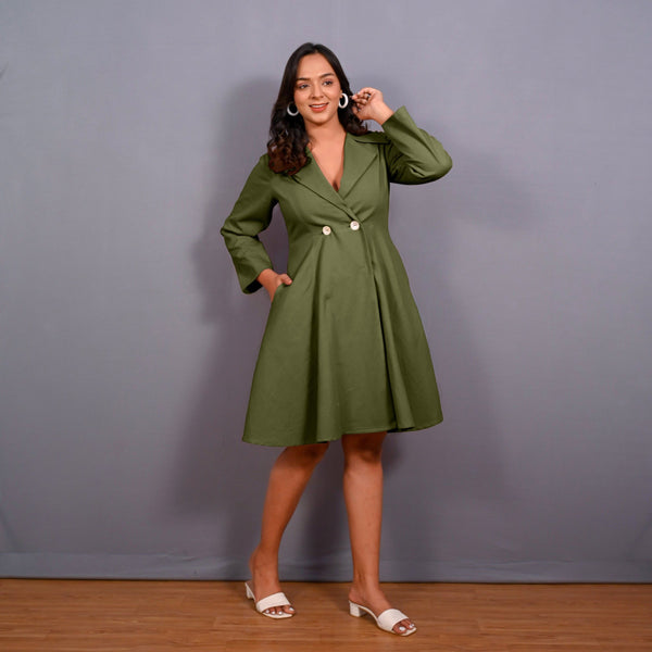 Olive Green Warm Cotton Flannel Fit and Flare Knee Length Blazer Dress