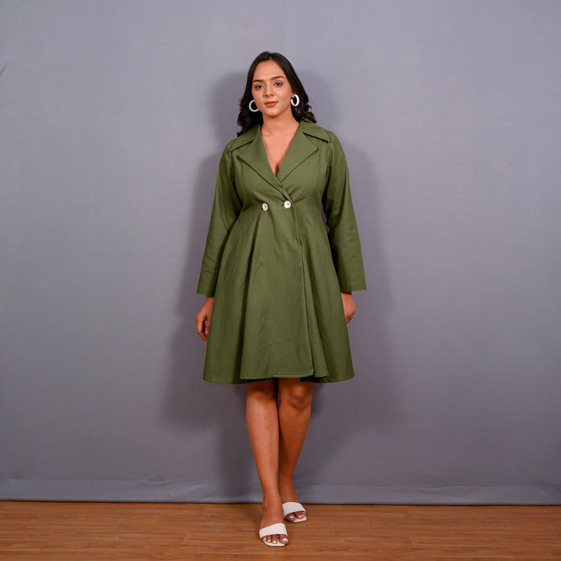 Olive Green Warm Cotton Flannel Fit and Flare Knee Length Blazer Dress