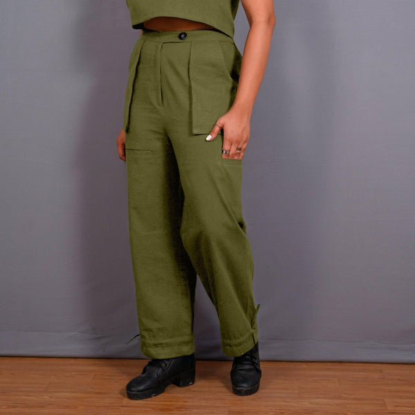 Olive Green Warm Cotton Flannel High-Rise  Convertible Jogger Cargo Pant