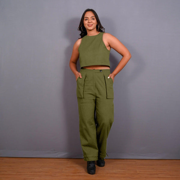 Olive Green Warm Cotton Flannel High-Rise  Convertible Jogger Cargo Pant