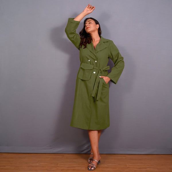 Olive Green Warm Cotton Flannel Midi Blazer Dress
