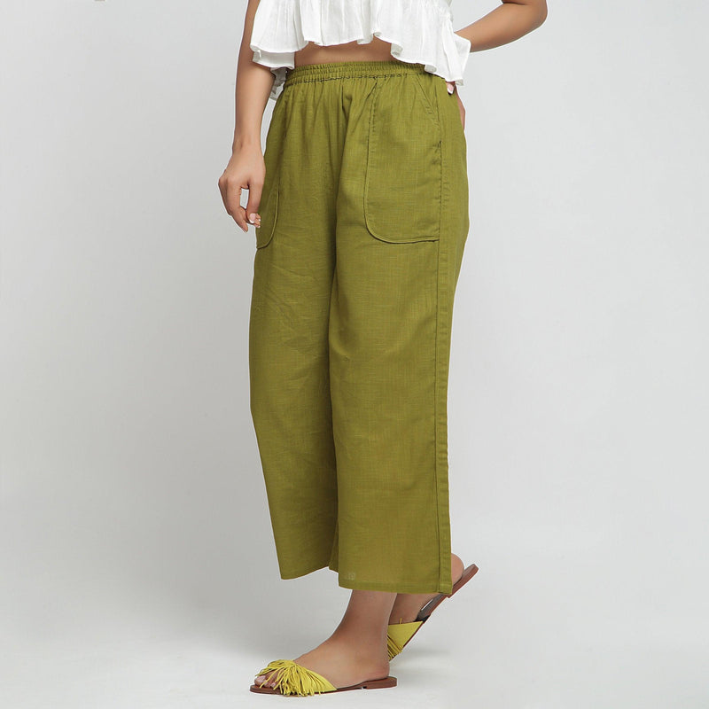 Buy Olive Green Cotton Mid-Rise Elasticated Wide Legged Pant Online at  SeamsFriendly
