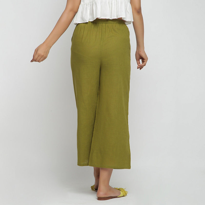 Plain Straight Loose Wide-Leg pants for Women Elastic Waist Cotton