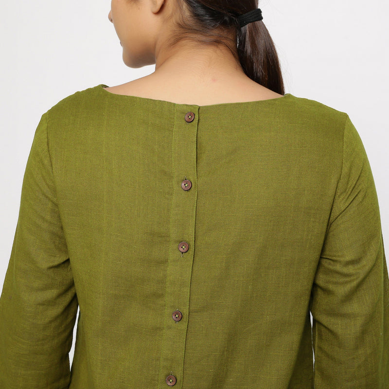 Back Detail of a Model wearing Olive Green Yoked Cotton Tunic Dress