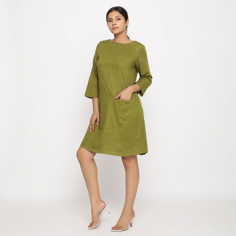 Front View of a Model wearing Olive Green Yoked Cotton Tunic Dress