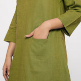 Front Detail of a Model wearing Olive Green Yoked Cotton Tunic Dress