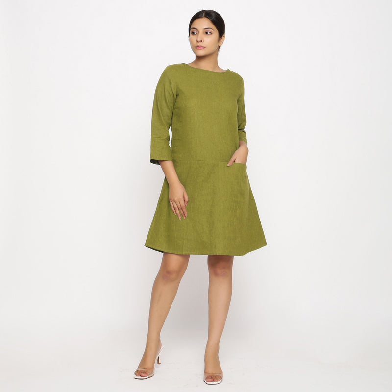 Front View of a Model wearing Olive Green Yoked Cotton Tunic Dress