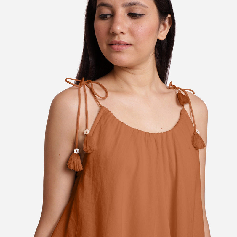 Orange 100% Cotton Tie-Up Shoulder Tier Mini Dress