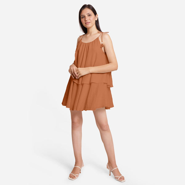 Orange 100% Cotton Tie-Up Shoulder Tier Mini Dress