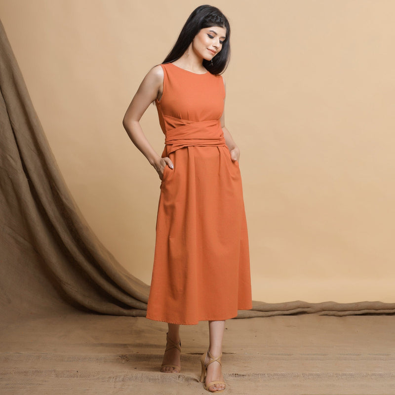 Front View of a Model wearing Orange A-Line Midi Dress