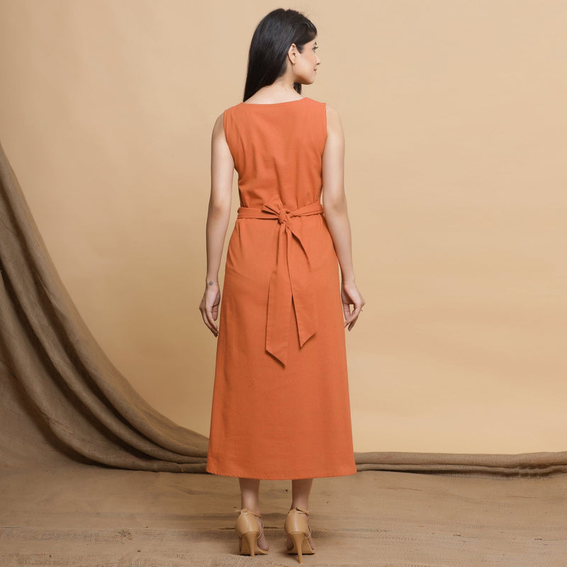 Back View of a Model wearing Orange A-Line Midi Dress