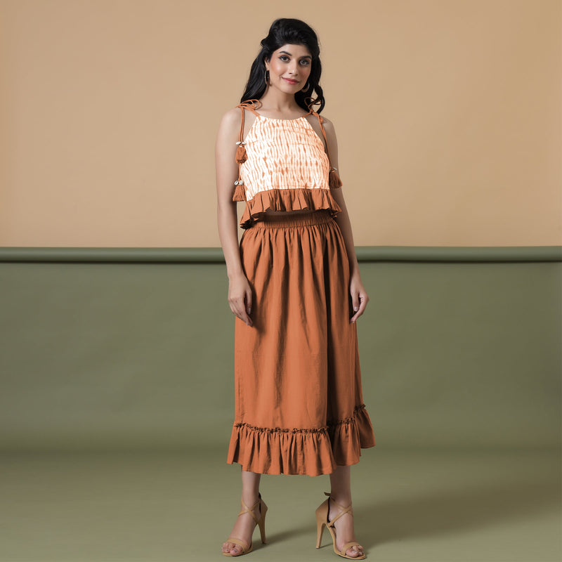 Front View of a Model wearing Orange A-Line Ruffled Cotton Skirt