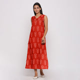 Front View of a Model Wearing Orange Dabu Block Print 100% Cotton Maxi Dress