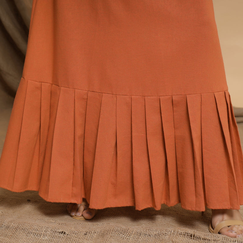 Close View of a Model wearing Orange Cotton Crew Neck Floor Length Tier Dress
