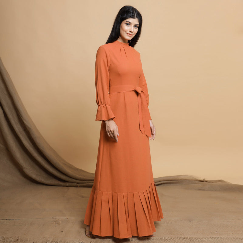 Right View of a Model wearing Orange Cotton Crew Neck Floor Length Tier Dress