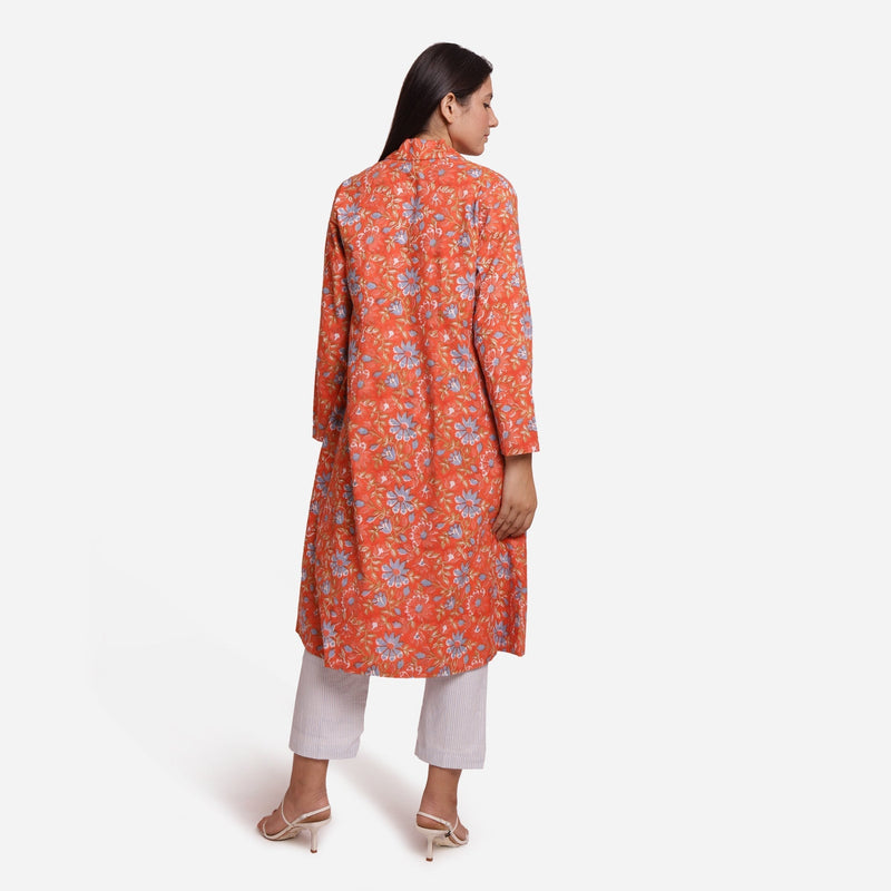 Back View of a Model wearing Orange Floral Block Printed Cotton Trench Coat