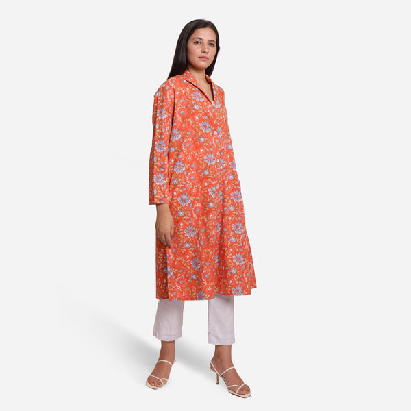 Right View of a Model wearing Orange Floral Block Printed Cotton Trench Coat
