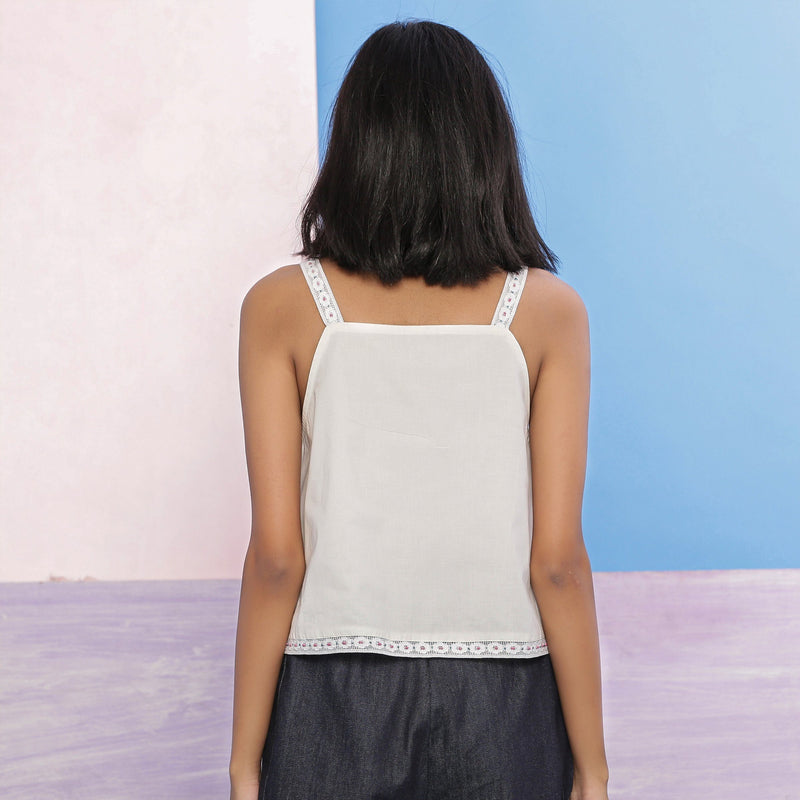 Back View of a Model wearing Organic Cotton Lace Beaded Camisole Top