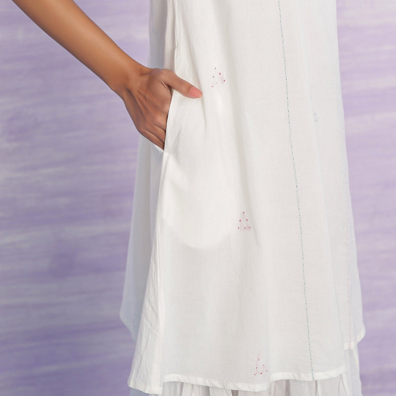 Close View of a Model wearing Organic Cotton White Embroidered A-Line Dress