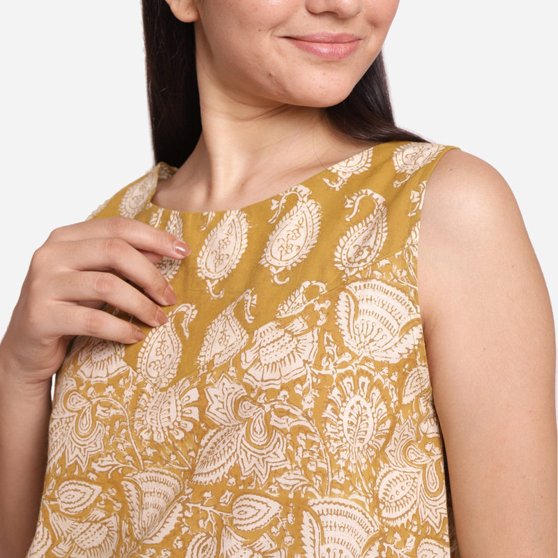 Front Detail of a Model wearing Mustard Paisley Block Print Sleeveless Cotton Top