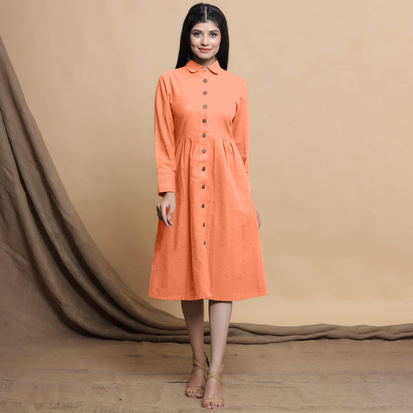 Front View of a Model wearing Peach Button Down Cotton Flax Knee Length Formal Dress