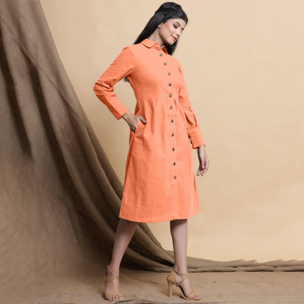 Right View of a Model wearing Peach Button Down Cotton Flax Knee Length Formal Dress
