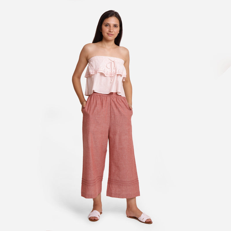 Front View of a Model wearing Peach Comfort-Fit Cotton Flared Pant