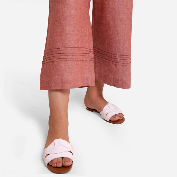 Close View of a Model wearing Peach Comfort-Fit Cotton Flared Pant