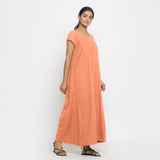 Right View of a Model wearing Peach Cotton Flax A-Line Paneled Dress