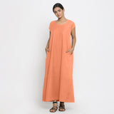 Front View of a Model wearing Peach Cotton Flax A-Line Paneled Dress