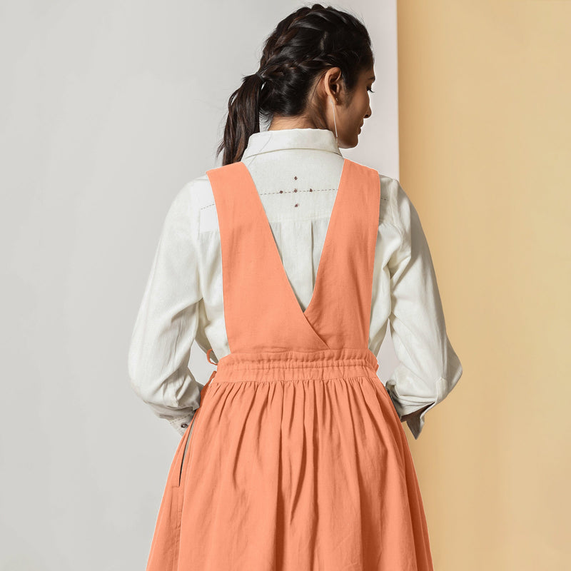 Back View of a Model wearing Peach Cotton Flax Pinafore Midi Wrap Dress