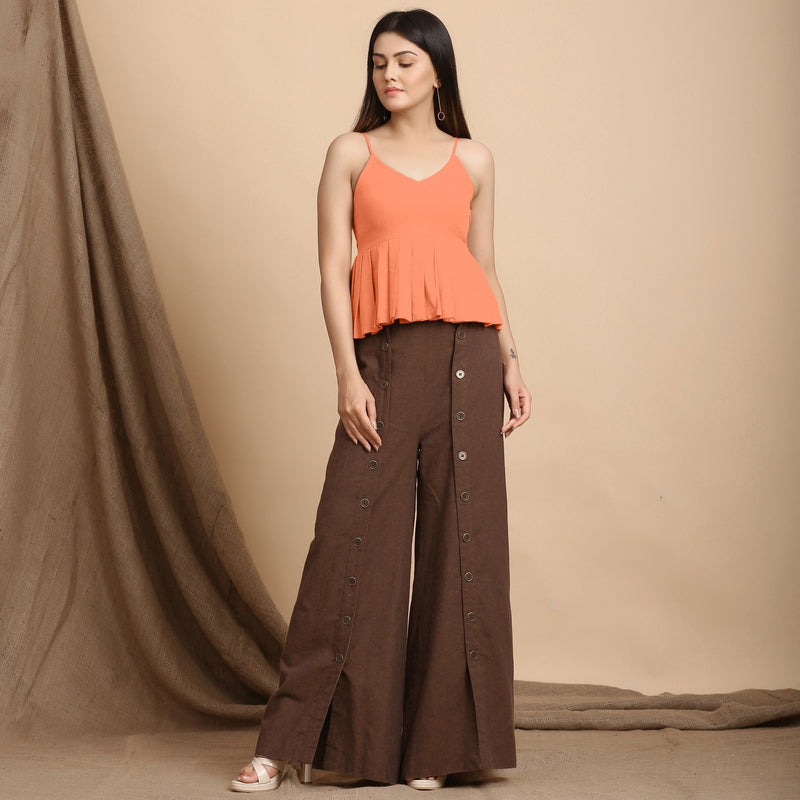 Front View of a Model wearing Peach Cotton Flax Slim Fit Pleated Camisole Top