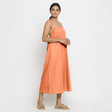 Right View of a Model wearing Peach Cotton Flax Strap Sleeve A-Line Dress