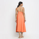 Back View of a Model wearing Peach Cotton Flax Strap Sleeve A-Line Dress