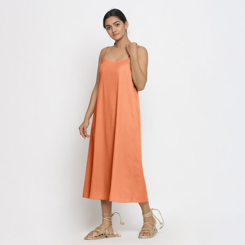 Front View of a Model wearing Peach Cotton Flax Strap Sleeve A-Line Dress