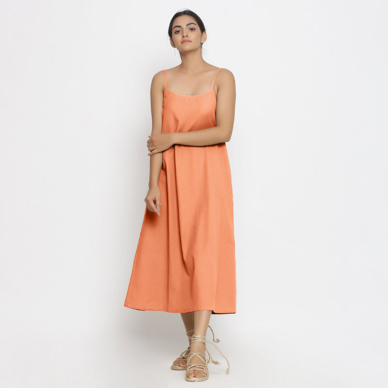 Front View of a Model wearing Peach Cotton Flax Strap Sleeve A-Line Dress