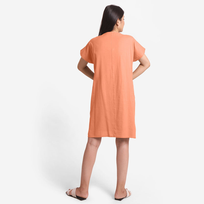 Back View of a Model wearing Peach Cotton Flax V-Neck Tunic