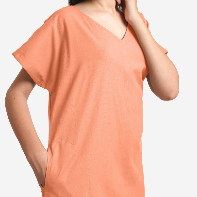 Front Detail of a Model wearing Peach Cotton Flax V-Neck Tunic