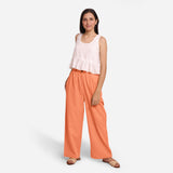 Front View of a Model wearing Peach Cotton Flax Wide Legged Straight Pant