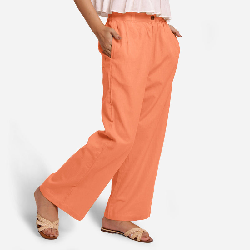 Right View of a Model wearing Peach Cotton Flax Wide Legged Straight Pant